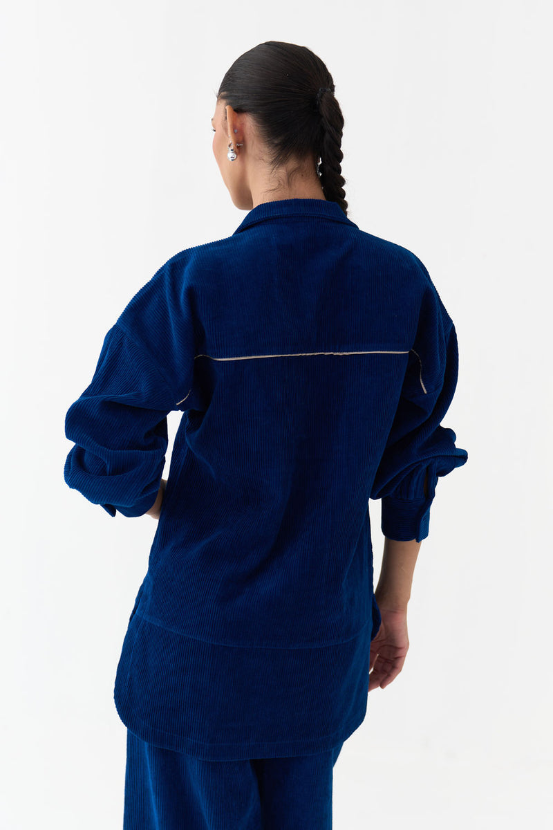 Patch U-Hem Top-Cobalt Blue corduroy top/shirt by THREE in blue for women Worldwide