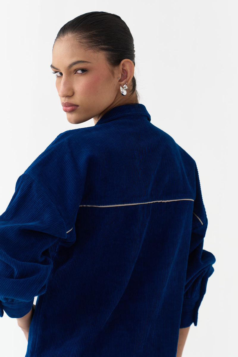 Patch U-Hem Top Co-Ord (Set Of 2)-Cobalt Blue corduroy co-ord set by THREE in blue for women Worldwide