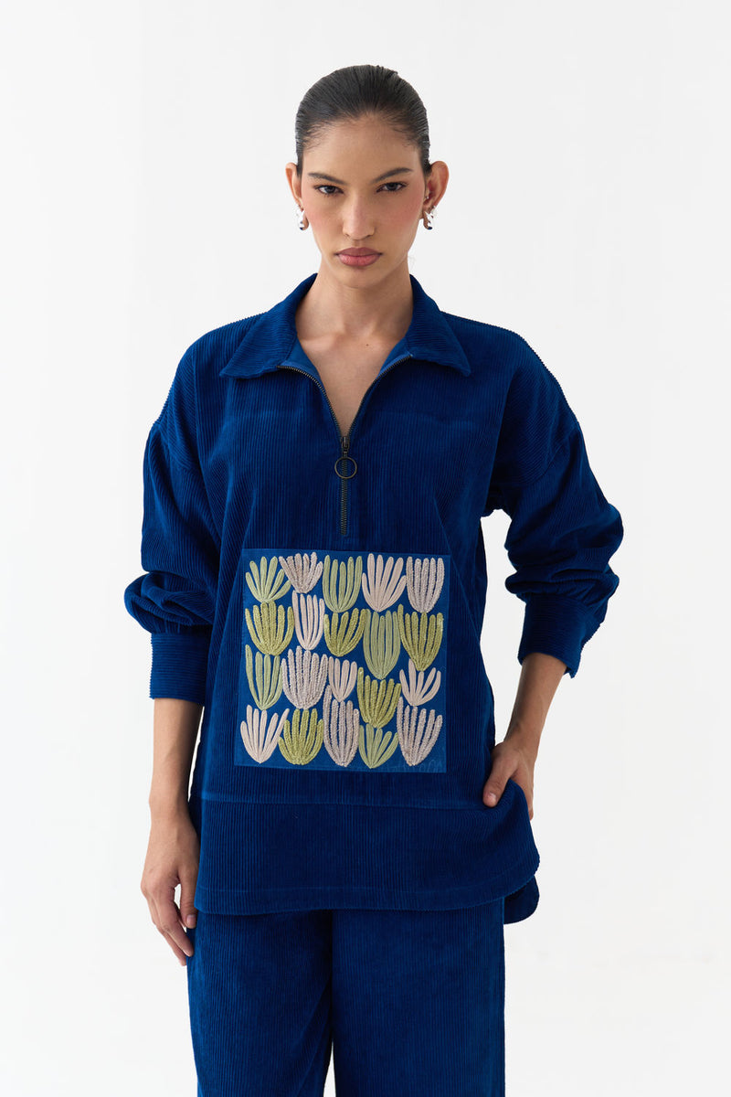 Patch U-Hem Top-Cobalt Blue corduroy top/shirt by THREE in blue for women Worldwide