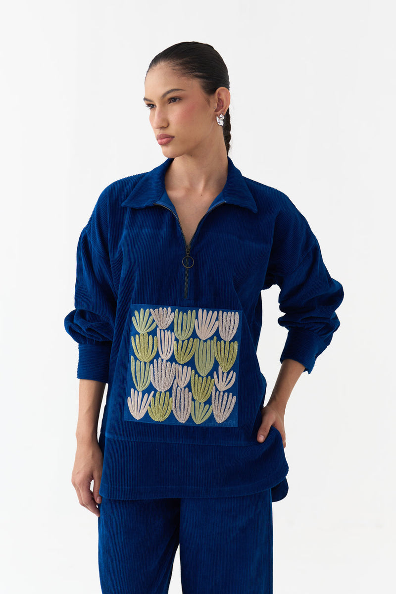 Patch U-Hem Top-Cobalt Blue corduroy top/shirt by THREE in blue for women Worldwide