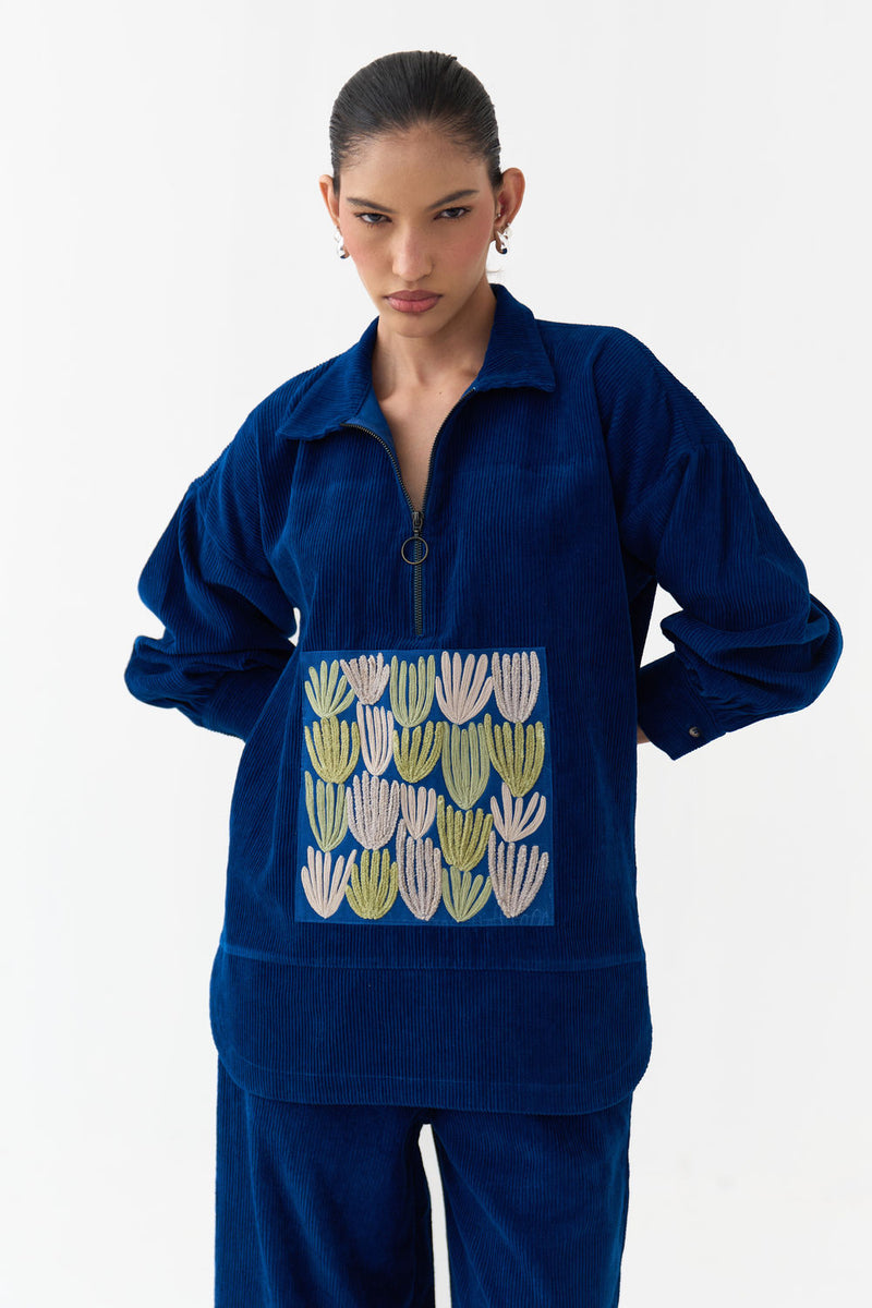 Patch U-Hem Top-Cobalt Blue corduroy top/shirt by THREE in blue for women Worldwide