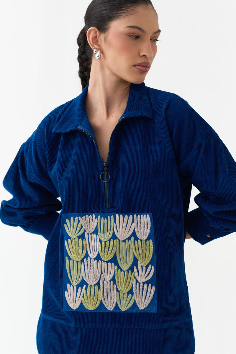 Patch U-Hem Top-Cobalt Blue corduroy top/shirt by THREE in blue for women Worldwide
