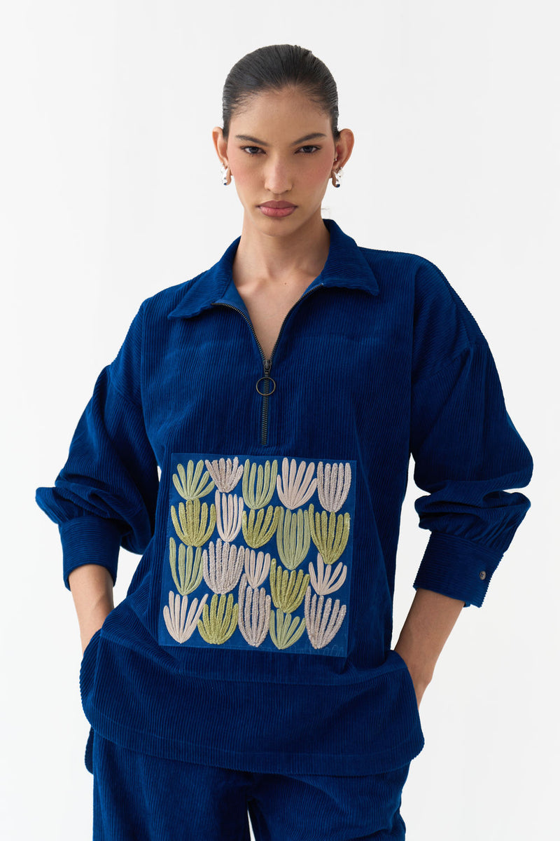Patch U-Hem Top Co-Ord (Set Of 2)-Cobalt Blue corduroy co-ord set by THREE in blue for women Worldwide