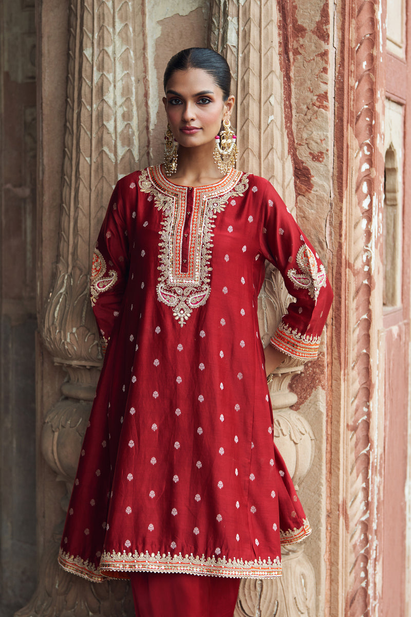 INAAYAT - DEEP RED CHAUGA WITH SALWAR chanderi silk kurta/kurta set by SHEETAL BATRA in red for women Worldwide