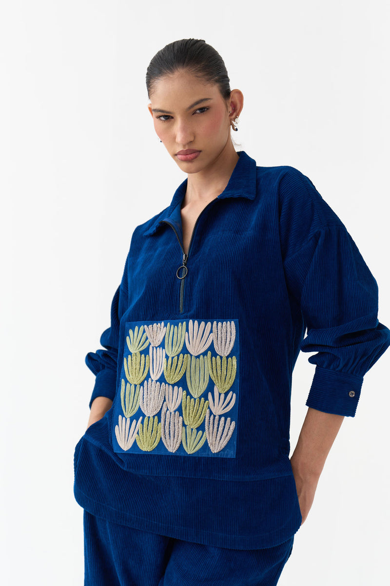 Patch U-Hem Top-Cobalt Blue corduroy top/shirt by THREE in blue for women Worldwide