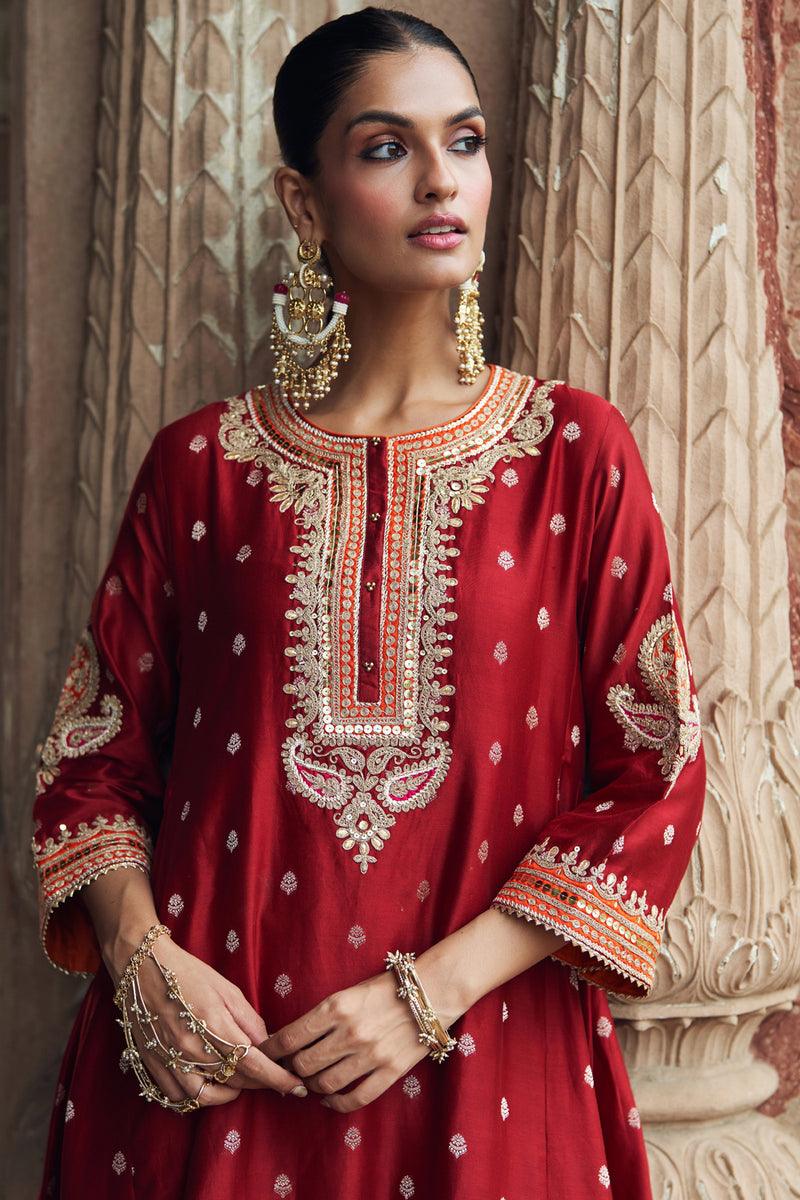 INAAYAT - DEEP RED CHAUGA WITH SALWAR chanderi silk kurta/kurta set by SHEETAL BATRA in red for women Worldwide