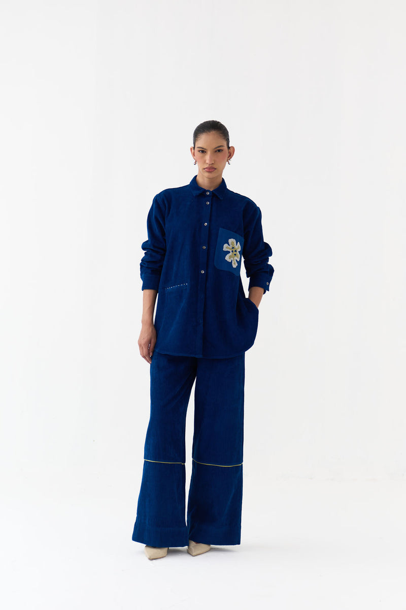 Hand Emb. Patch Pocket Shirt Co-Ord (Set Of 2)-Cobalt Blue corduroy co-ord set by THREE in blue for women Worldwide