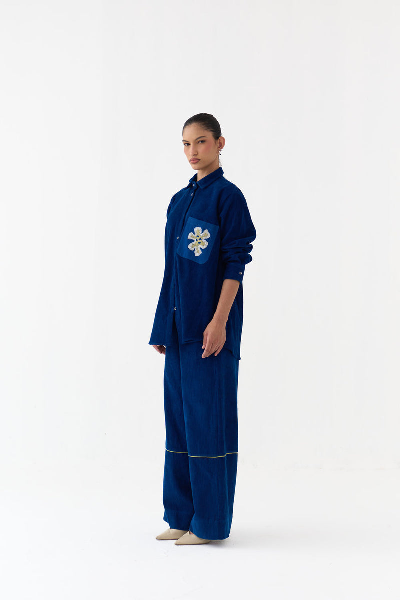 Hand Emb. Patch Pocket Shirt-Cobalt Blue corduroy tunics and kaftans by THREE in blue for women Worldwide