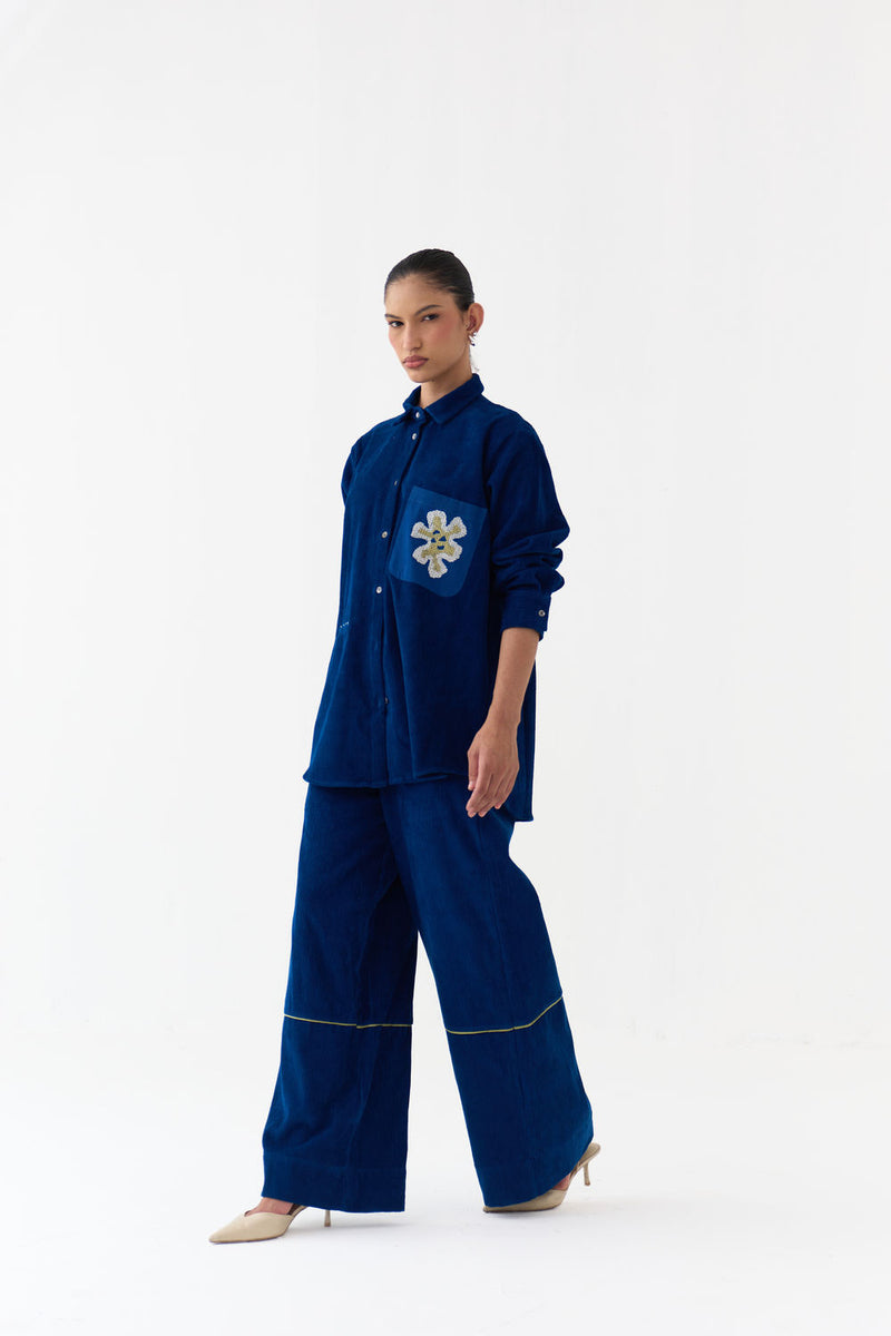 Hand Emb. Patch Pocket Shirt Co-Ord (Set Of 2)-Cobalt Blue corduroy co-ord set by THREE in blue for women Worldwide