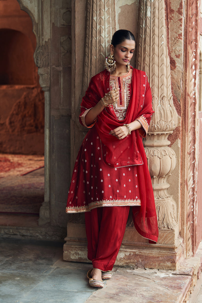 INAAYAT - DEEP RED CHAUGA WITH SALWAR chanderi silk kurta/kurta set by SHEETAL BATRA in red for women Worldwide