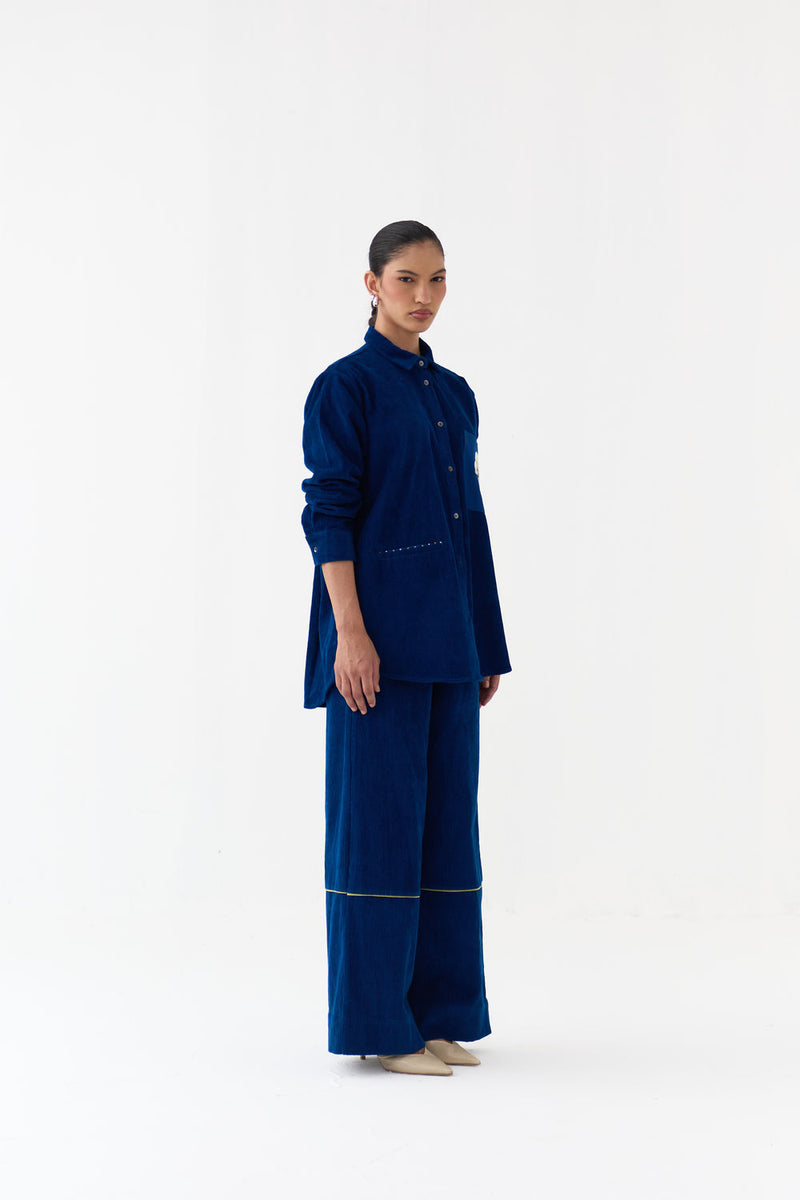 Hand Emb. Patch Pocket Shirt Co-Ord (Set Of 2)-Cobalt Blue corduroy co-ord set by THREE in blue for women Worldwide