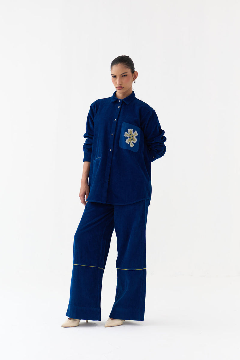 Hand Emb. Patch Pocket Shirt-Cobalt Blue corduroy tunics and kaftans by THREE in blue for women Worldwide
