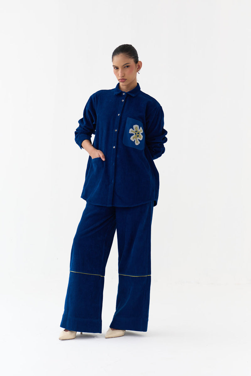 Hand Emb. Patch Pocket Shirt Co-Ord (Set Of 2)-Cobalt Blue corduroy co-ord set by THREE in blue for women Worldwide