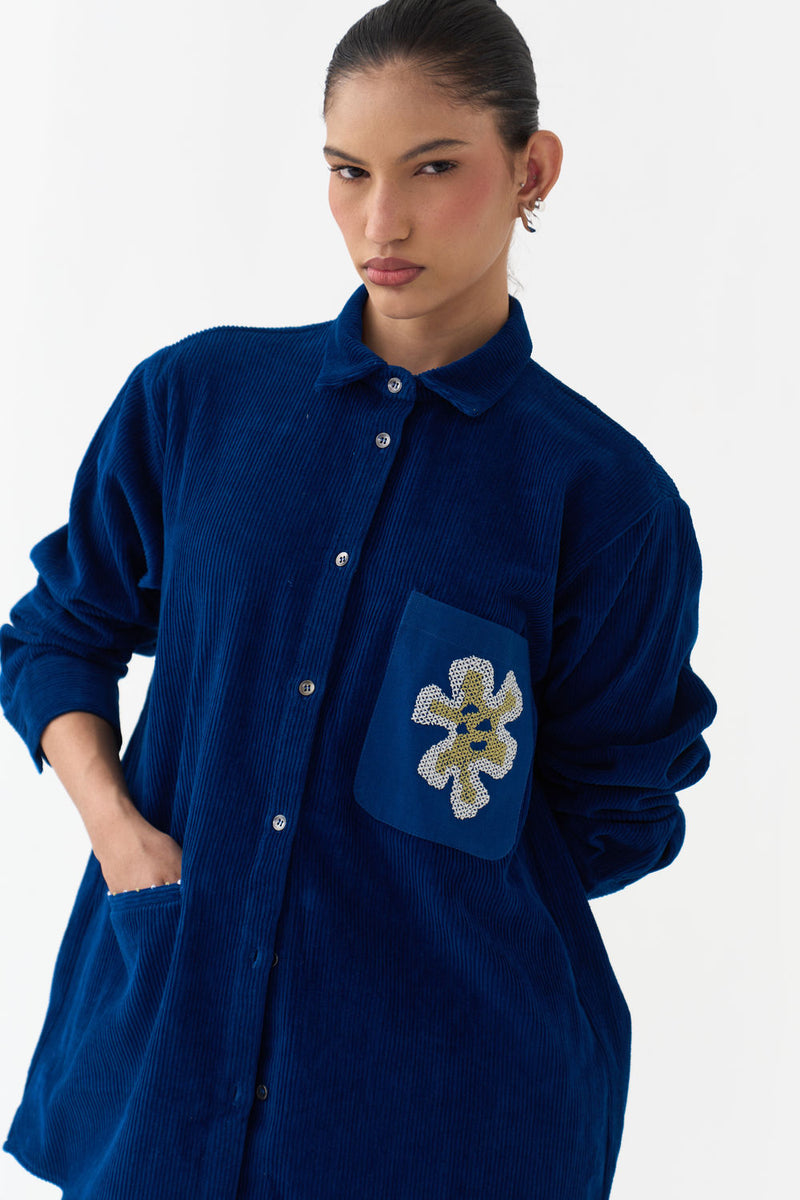 Hand Emb. Patch Pocket Shirt-Cobalt Blue corduroy tunics and kaftans by THREE in blue for women Worldwide