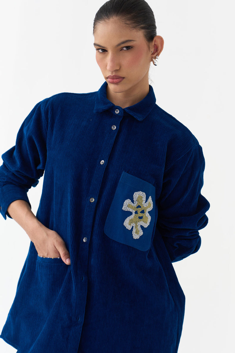 Hand Emb. Patch Pocket Shirt Co-Ord (Set Of 2)-Cobalt Blue corduroy co-ord set by THREE in blue for women Worldwide