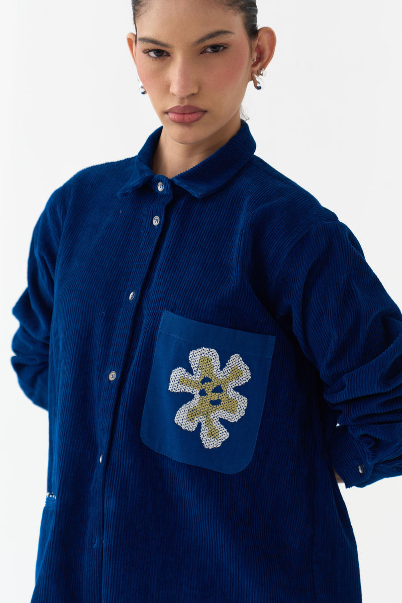 Hand Emb. Patch Pocket Shirt-Cobalt Blue corduroy tunics and kaftans by THREE in blue for women Worldwide