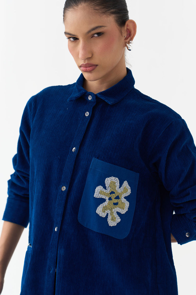 Hand Emb. Patch Pocket Shirt-Cobalt Blue corduroy tunics and kaftans by THREE in blue for women Worldwide
