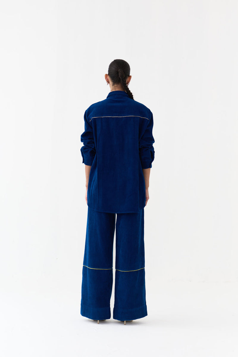 Hand Emb. Patch Pocket Shirt Co-Ord (Set Of 2)-Cobalt Blue corduroy co-ord set by THREE in blue for women Worldwide