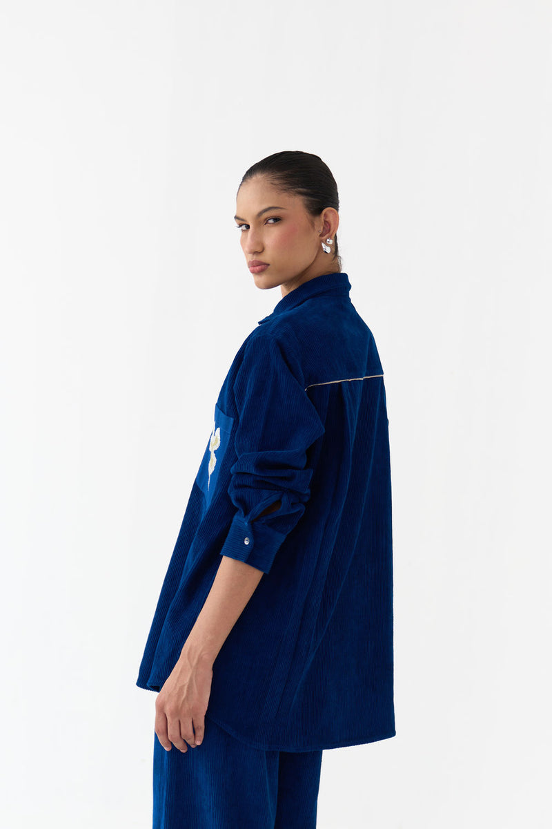 Hand Emb. Patch Pocket Shirt-Cobalt Blue corduroy tunics and kaftans by THREE in blue for women Worldwide