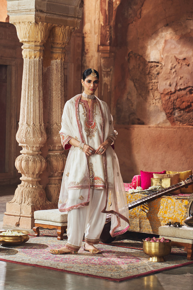 MEHWISH - DAISY IVORY SHORT KURTA WITH SALWAR AND DUPATTA chanderi silk kurta/kurta set by SHEETAL BATRA in ivory for women Worldwide