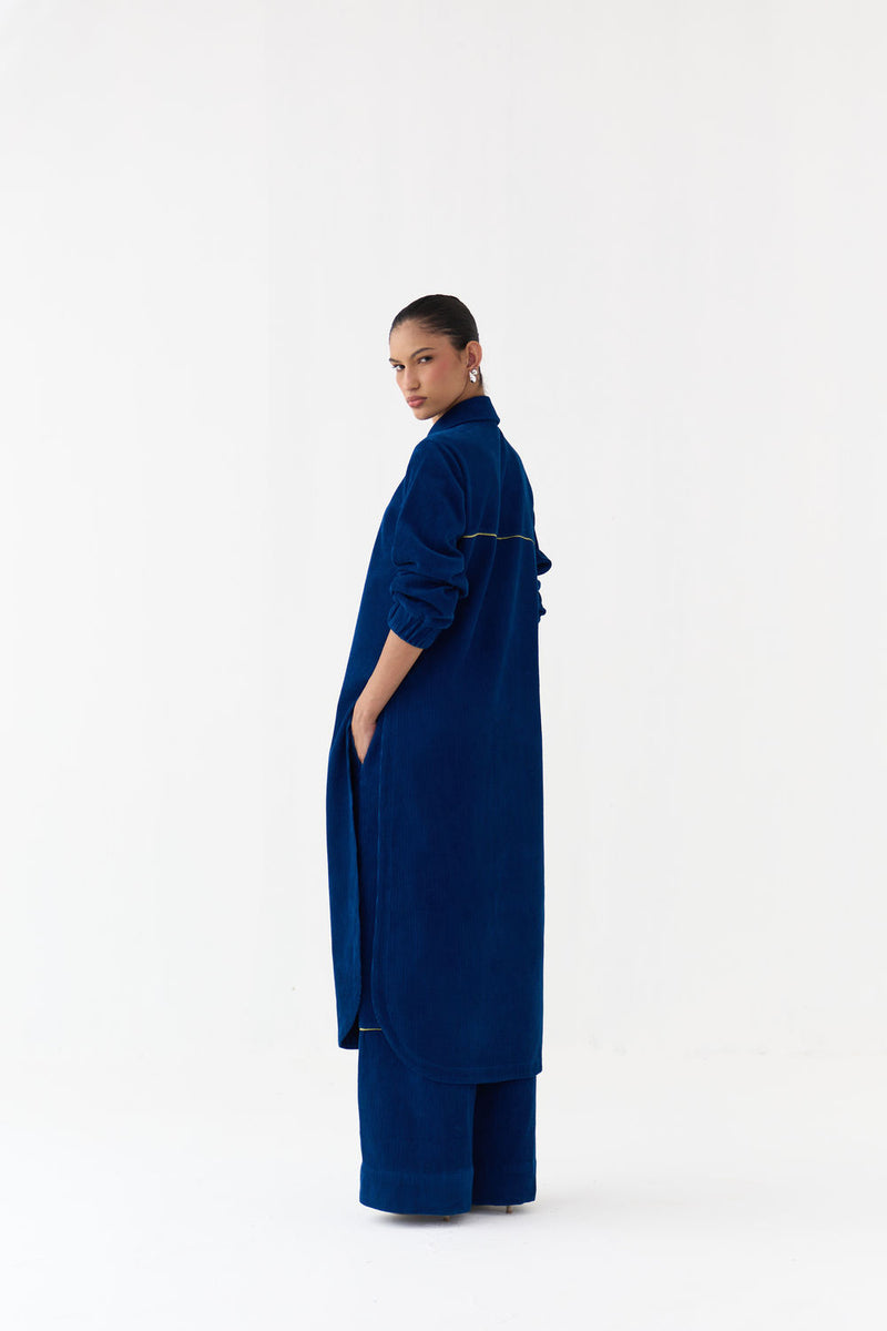 Everyday U-Hem Tunic Co-Ord (Set Of 2)-Cobalt Blue corduroy co-ord set by THREE in blue for women Worldwide