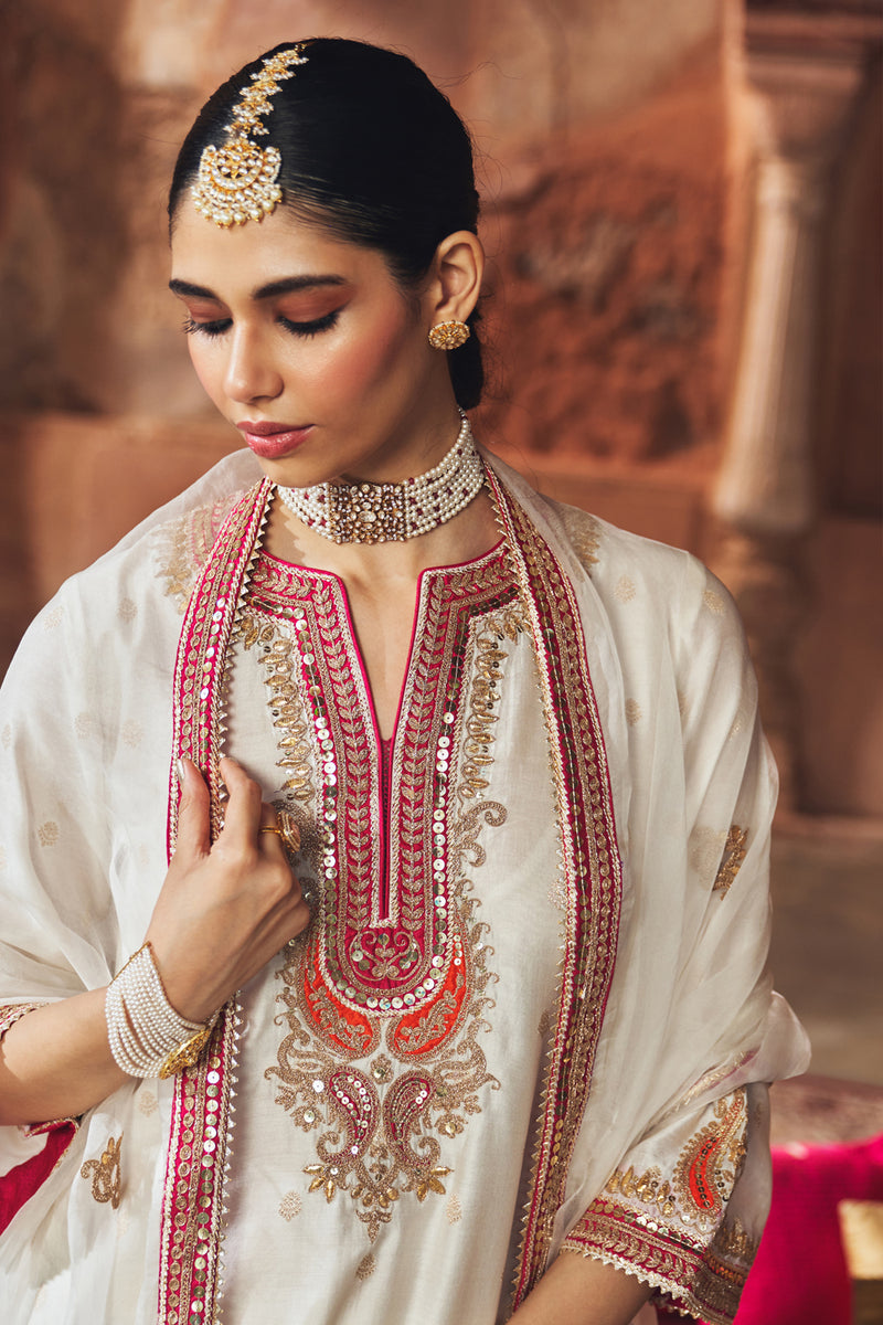 MEHWISH - DAISY IVORY SHORT KURTA WITH SALWAR AND DUPATTA chanderi silk kurta/kurta set by SHEETAL BATRA in ivory for women Worldwide