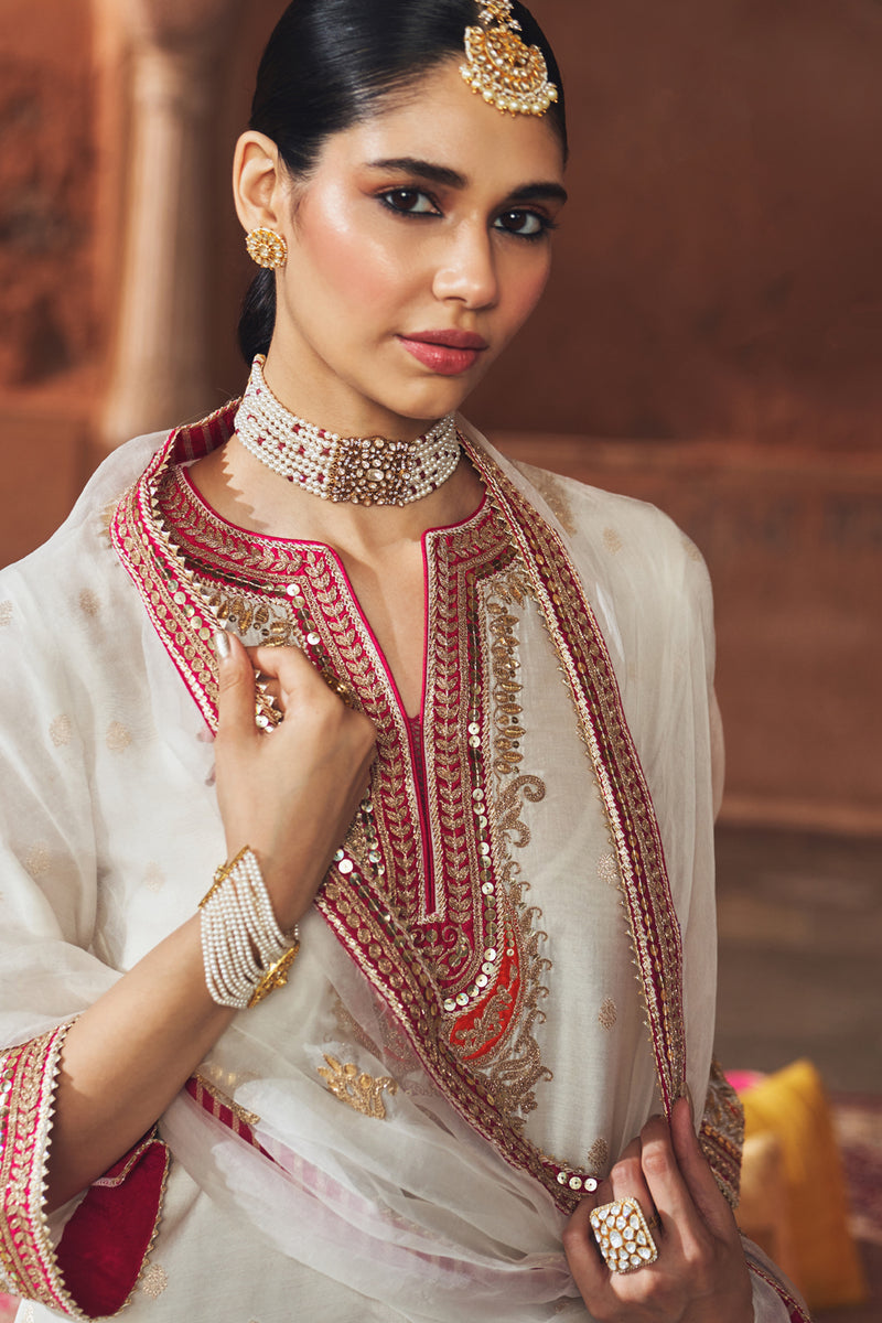 MEHWISH - DAISY IVORY SHORT KURTA WITH SALWAR AND DUPATTA chanderi silk kurta/kurta set by SHEETAL BATRA in ivory for women Worldwide