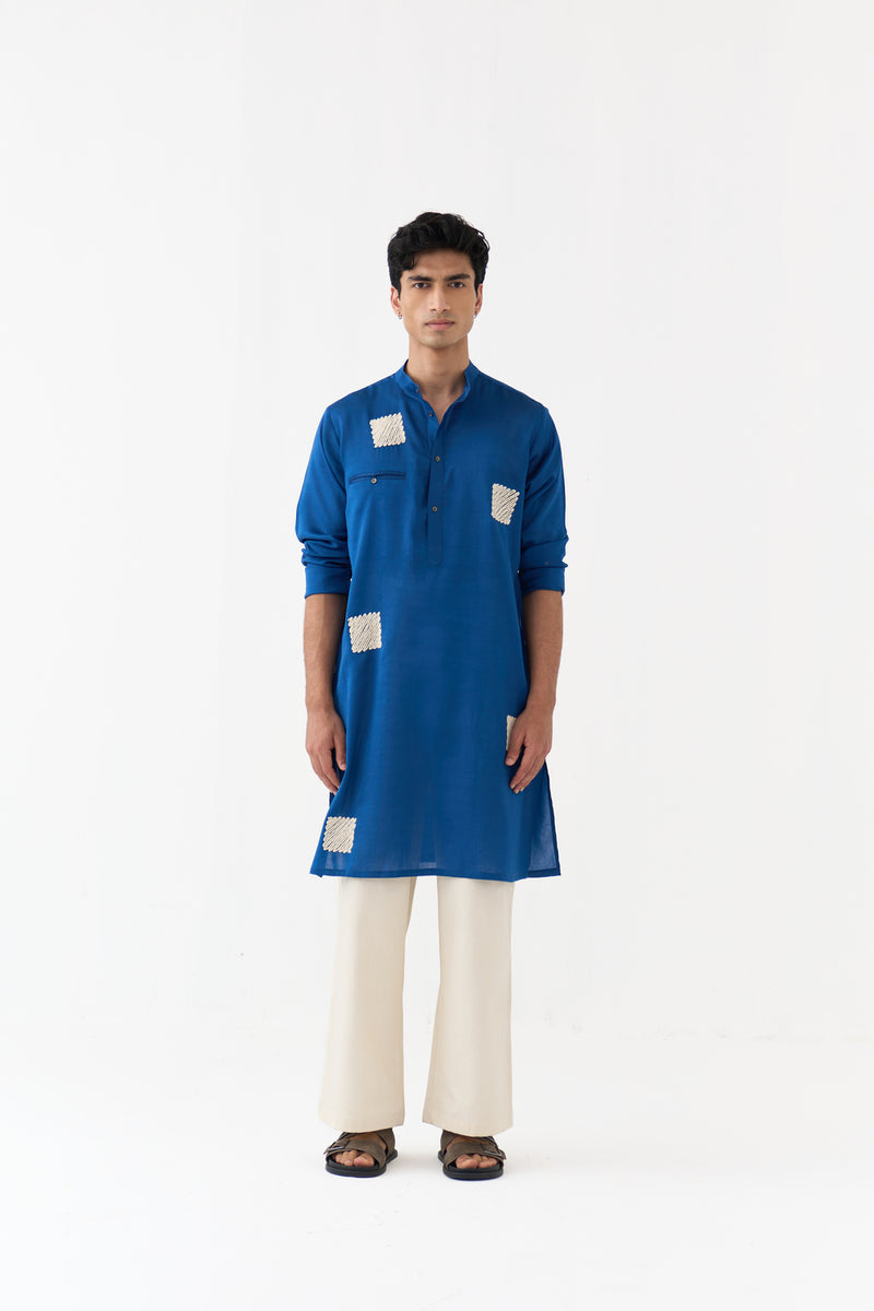 Square Emb. Kurta chanderi kurta/kurta set by THREE Men in blue for men Worldwide