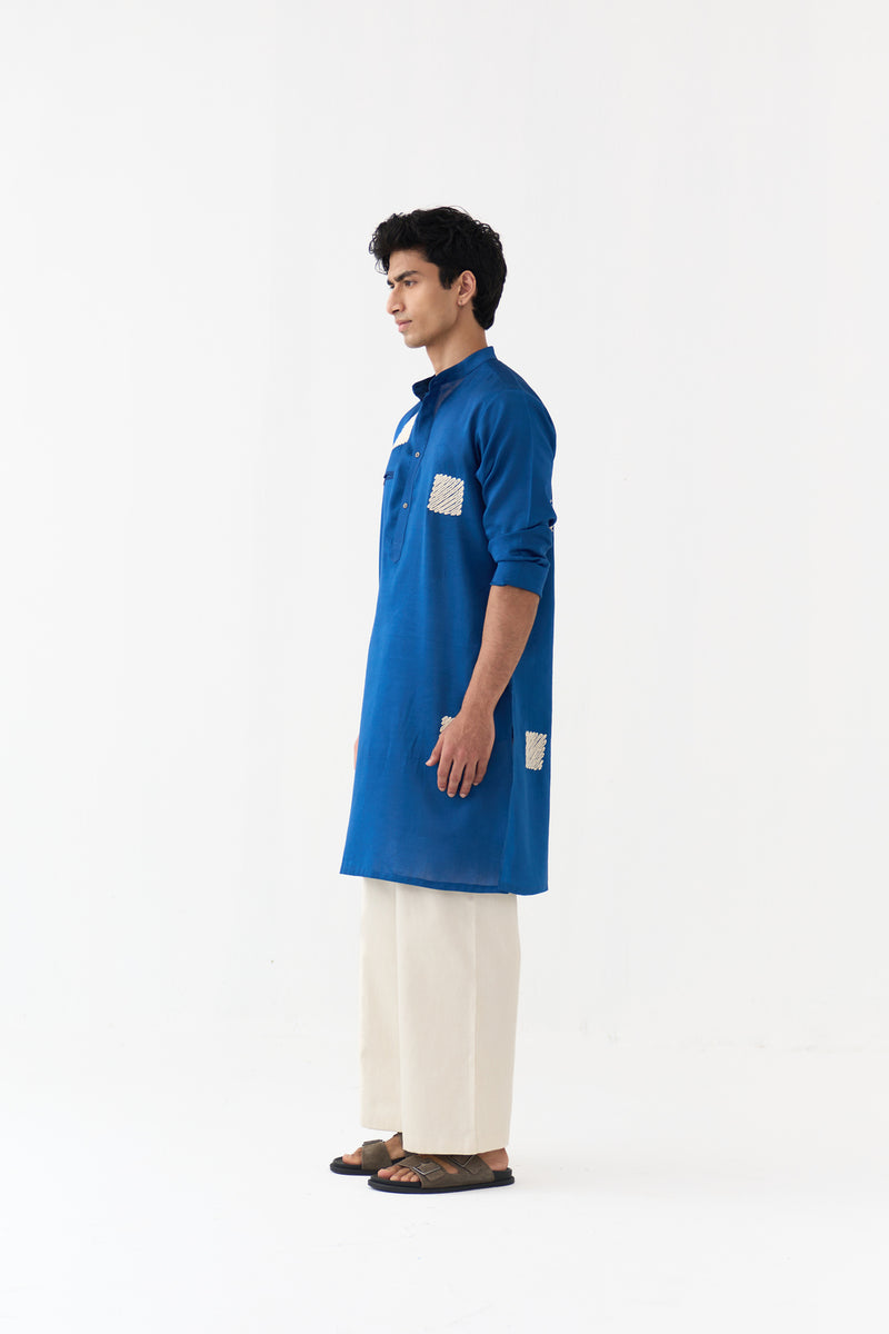 Square Emb. Kurta chanderi kurta/kurta set by THREE Men in blue for men Worldwide
