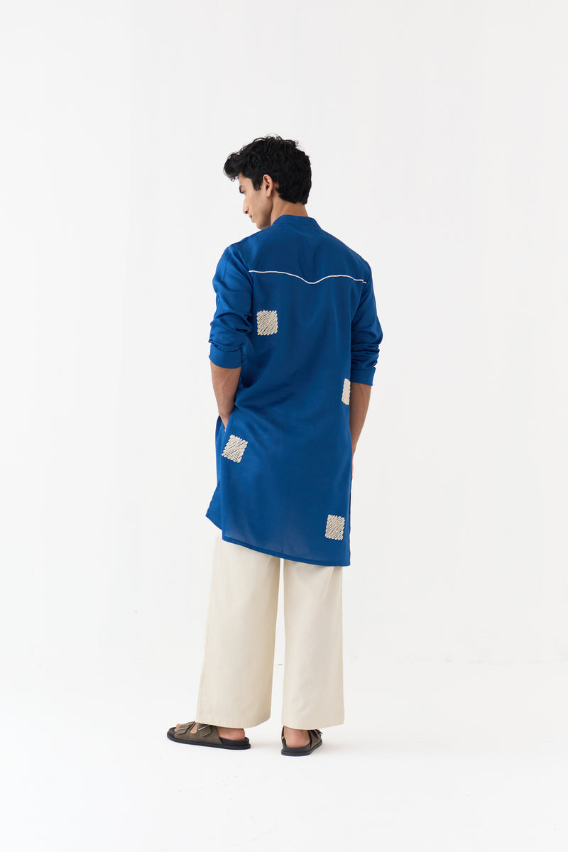 Square Emb. Kurta Co-Ord chanderi,twill co-ord set by THREE Men in blue,ivory for men Worldwide