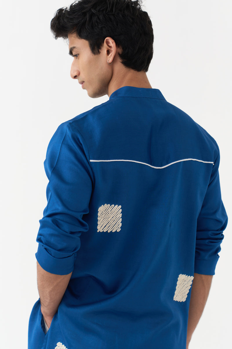 Square Emb. Kurta chanderi kurta/kurta set by THREE Men in blue for men Worldwide