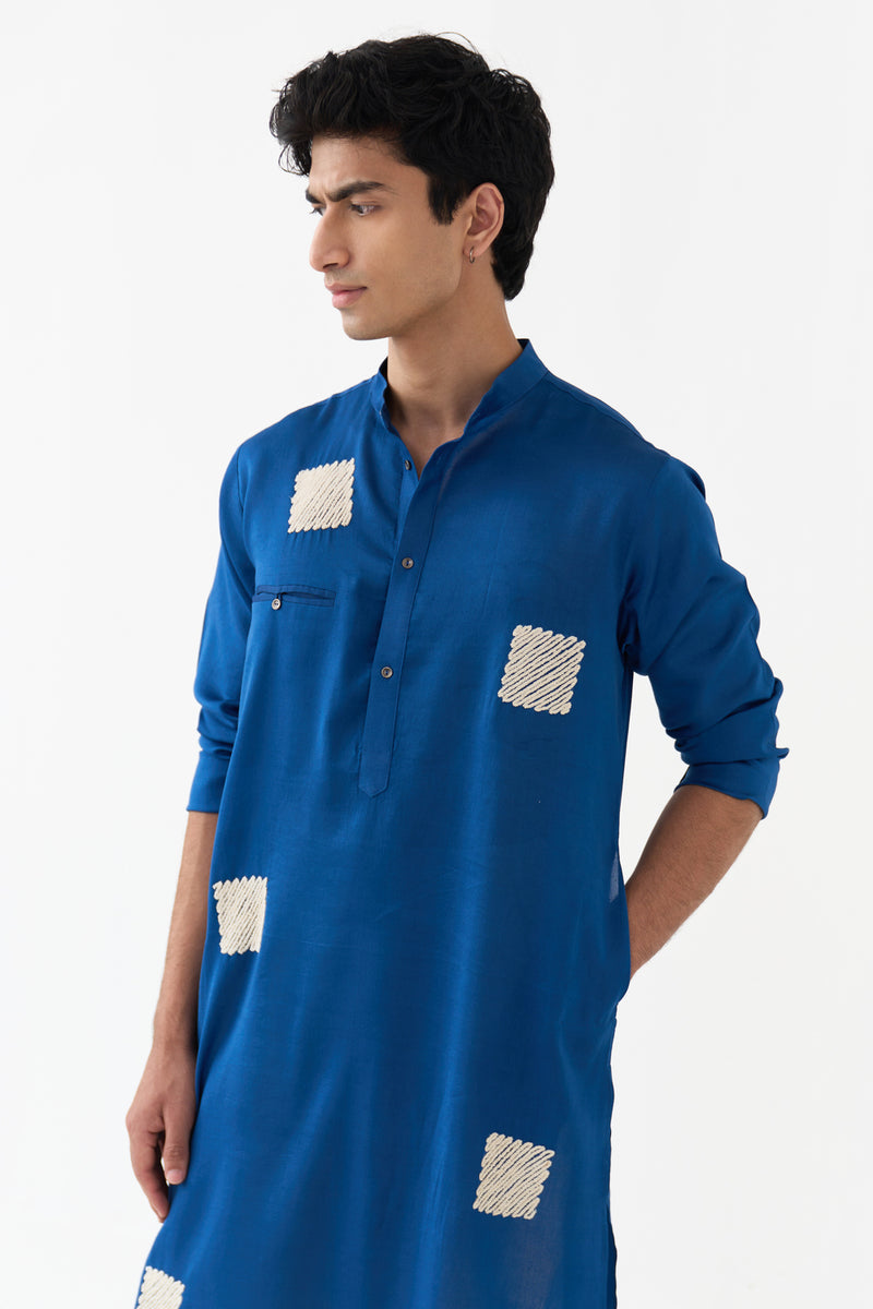 Square Emb. Kurta chanderi kurta/kurta set by THREE Men in blue for men Worldwide