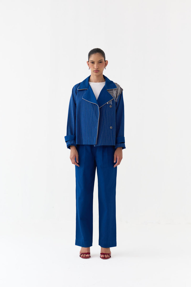Floral Fringe Patch Jacket Co-Ord (Set Of 2)-Cobalt Blue twill co-ord set by THREE in blue for women Worldwide
