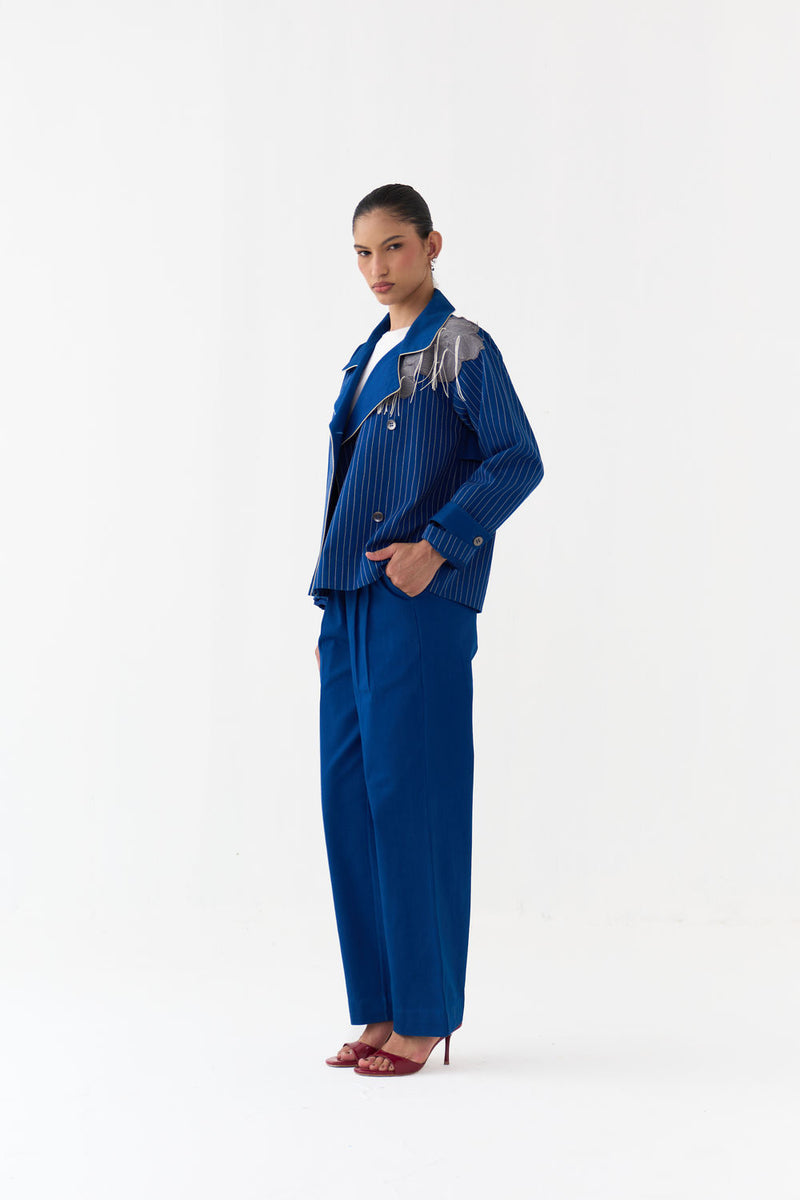 Floral Fringe Patch Jacket Co-Ord (Set Of 2)-Cobalt Blue twill co-ord set by THREE in blue for women Worldwide