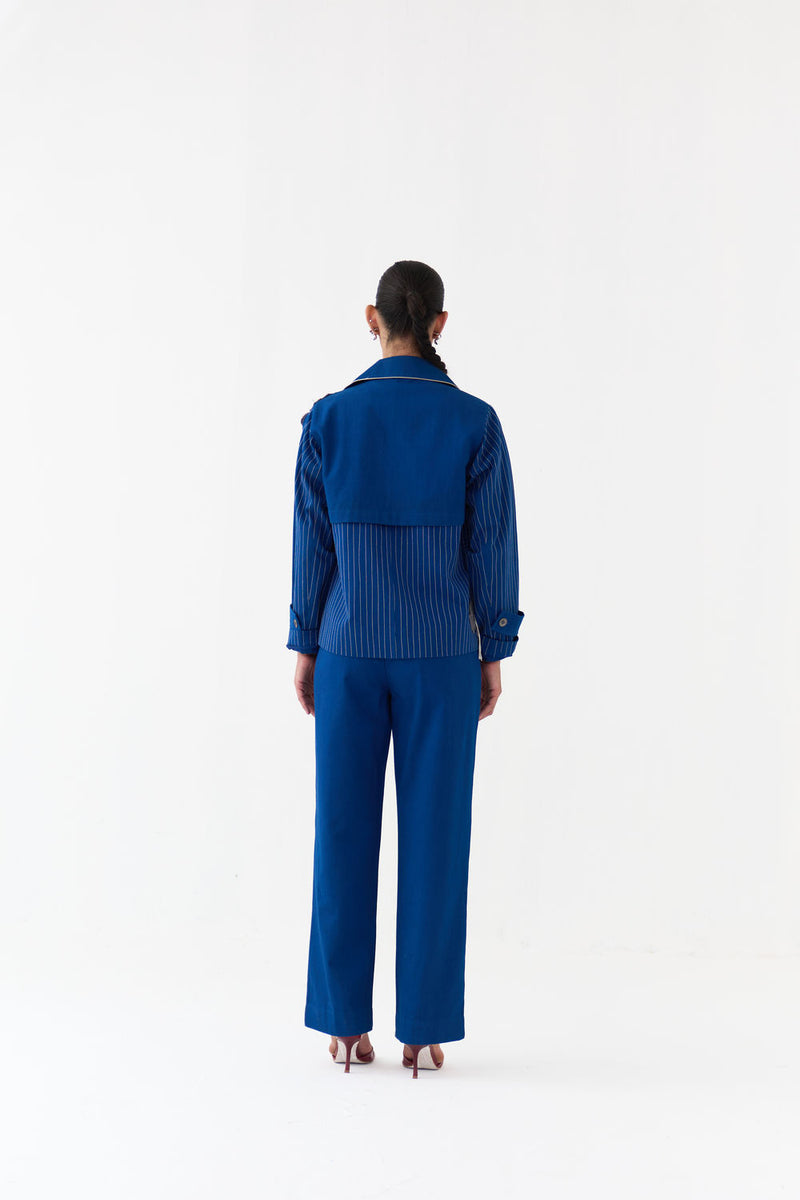 Floral Fringe Patch Jacket Co-Ord (Set Of 2)-Cobalt Blue twill co-ord set by THREE in blue for women Worldwide