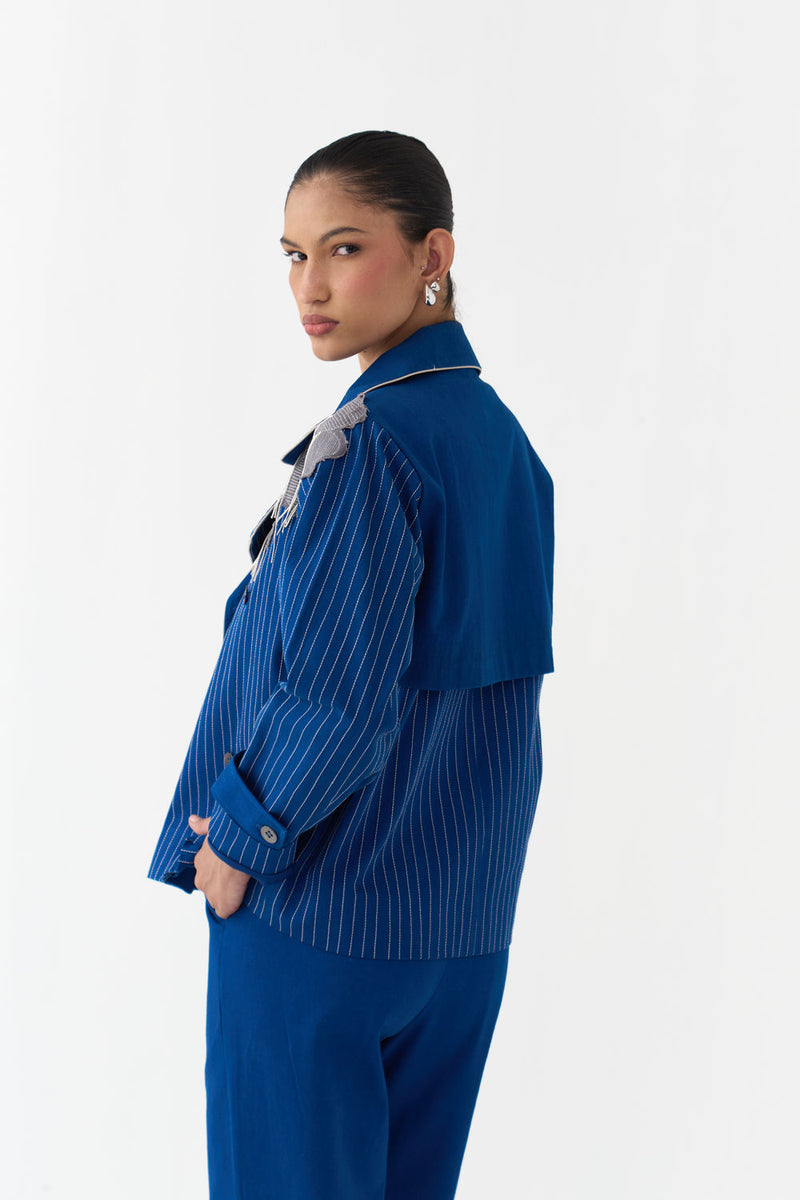 Floral Fringe Patch Jacket Co-Ord (Set Of 2)-Cobalt Blue twill co-ord set by THREE in blue for women Worldwide