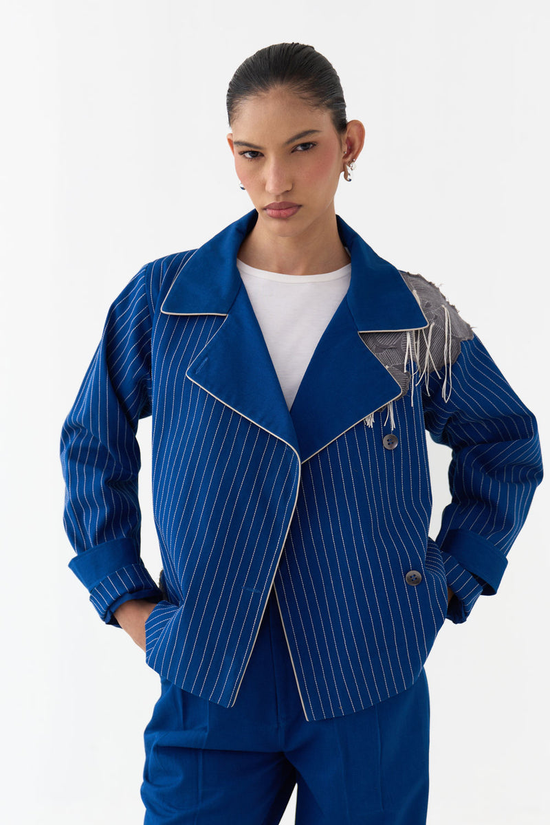 Floral Fringe Patch Jacket Co-Ord (Set Of 2)-Cobalt Blue twill co-ord set by THREE in blue for women Worldwide