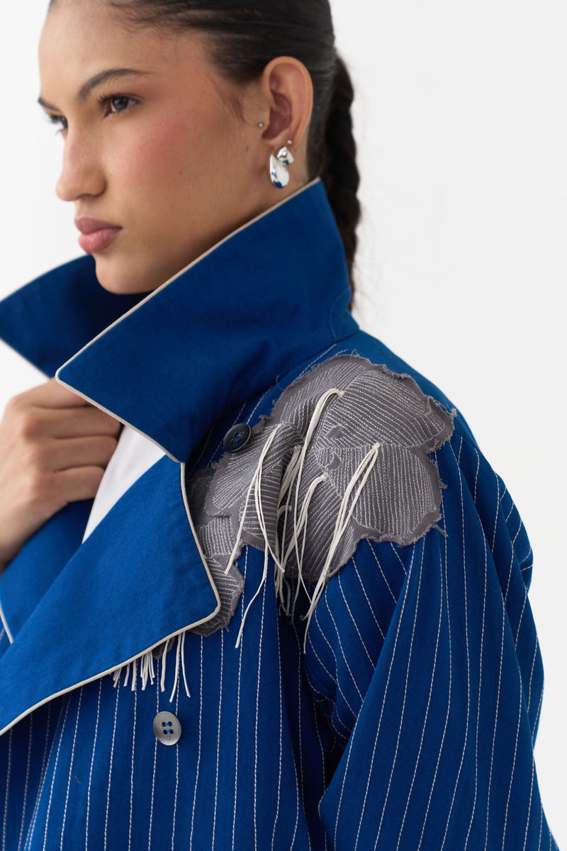 Floral Fringe Patch Jacket Co-Ord (Set Of 2)-Cobalt Blue twill co-ord set by THREE in blue for women Worldwide