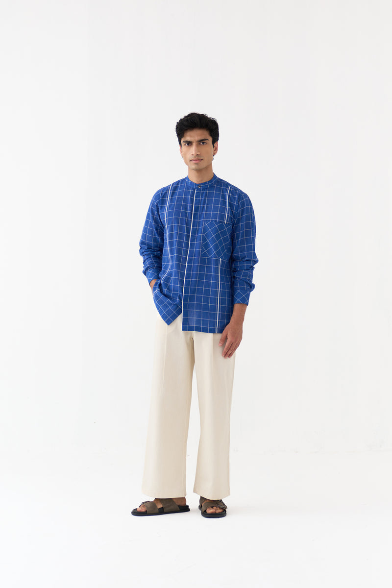 Piping Detail Shirt handwoven cotton mul shirt by THREE Men in blue for men Worldwide