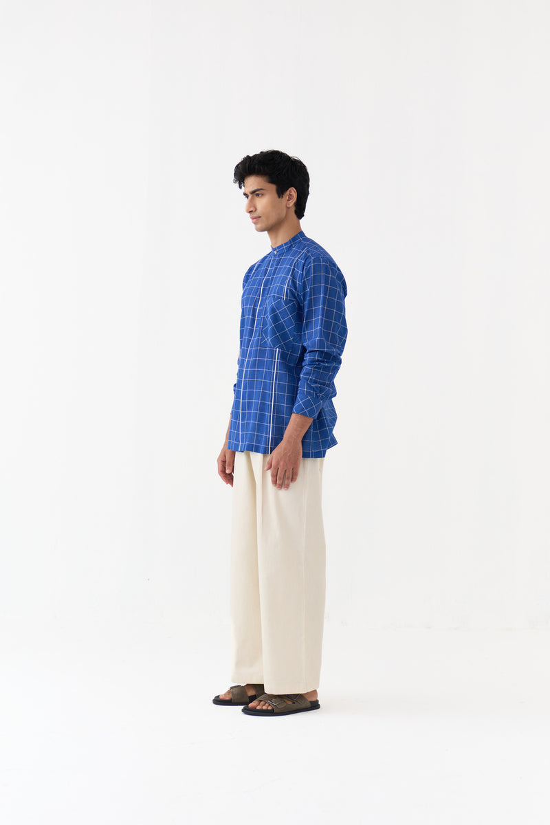 Piping Detail Shirt handwoven cotton mul shirt by THREE Men in blue for men Worldwide