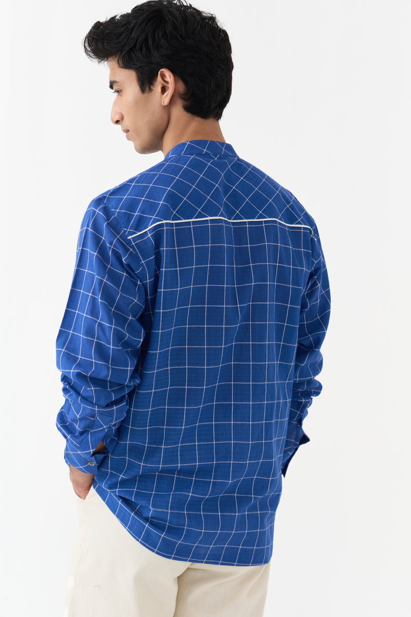 Piping Detail Shirt handwoven cotton mul shirt by THREE Men in blue for men Worldwide