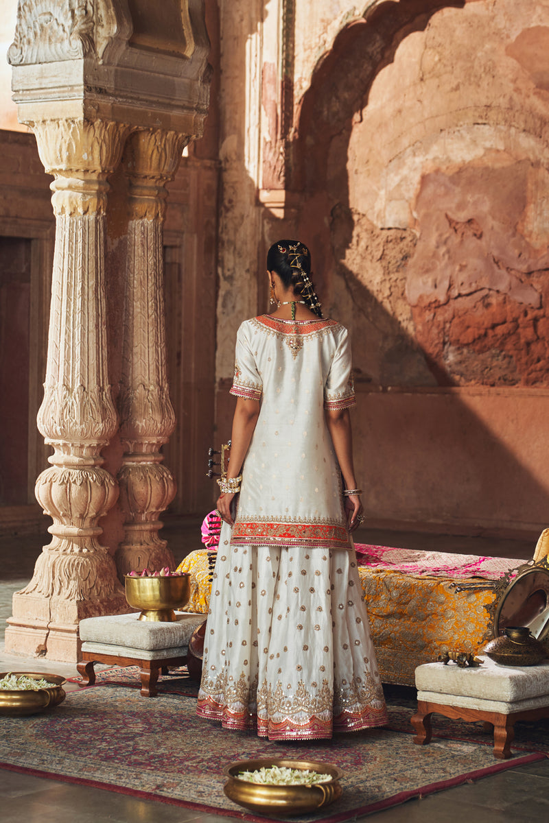 SAMREEN - DAISY IVORY SHORT KURTA WITH SHARARA AND DUPATTA silk chanderi kurta/kurta set by SHEETAL BATRA in ivory for women Worldwide