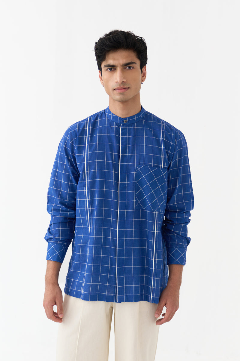 Piping Detail Shirt Co-Ord handwoven cotton mul,twill co-ord set by THREE Men in blue,ivory for men Worldwide