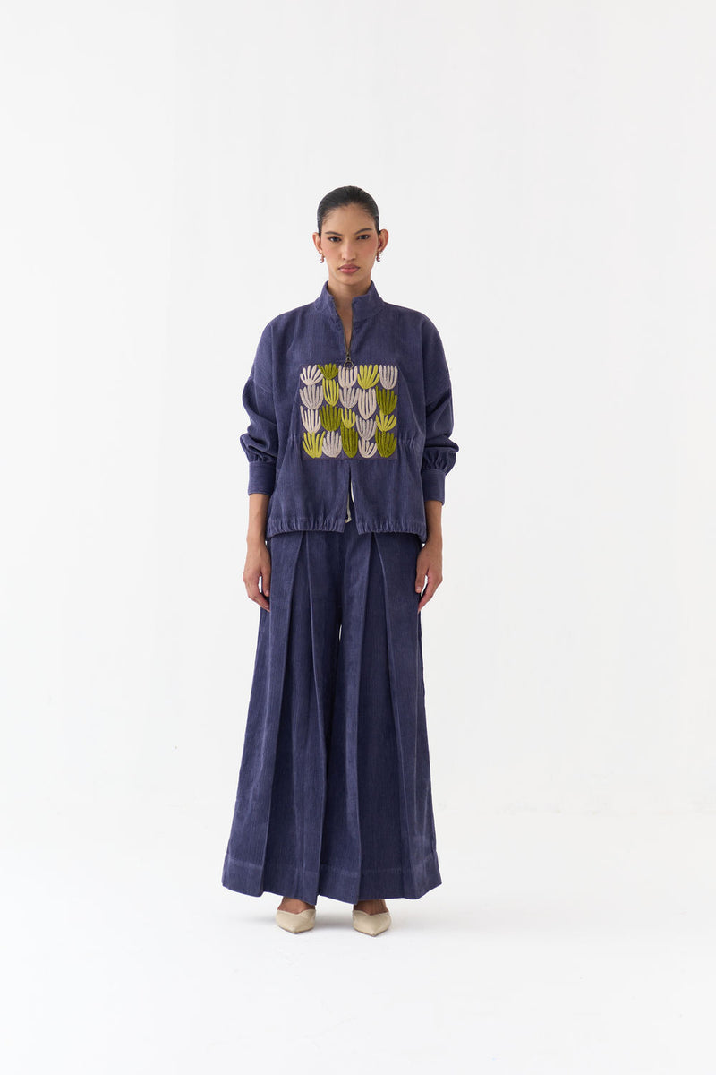 Emb. Corduroy Drawstring Top Co-Ord (Set Of 2)-Violet corduroy co-ord set by THREE in violet for women Worldwide