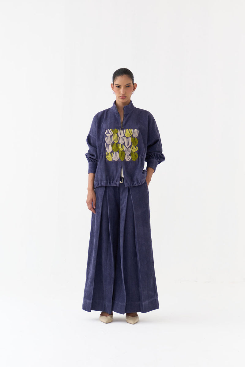 Emb. Corduroy Drawstring Top Co-Ord (Set Of 2)-Violet corduroy co-ord set by THREE in violet for women Worldwide