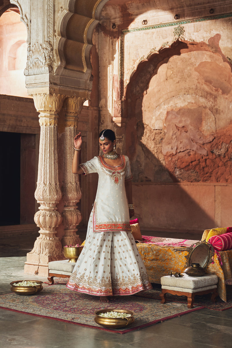 SAMREEN - DAISY IVORY SHORT KURTA WITH SHARARA AND DUPATTA silk chanderi kurta/kurta set by SHEETAL BATRA in ivory for women Worldwide