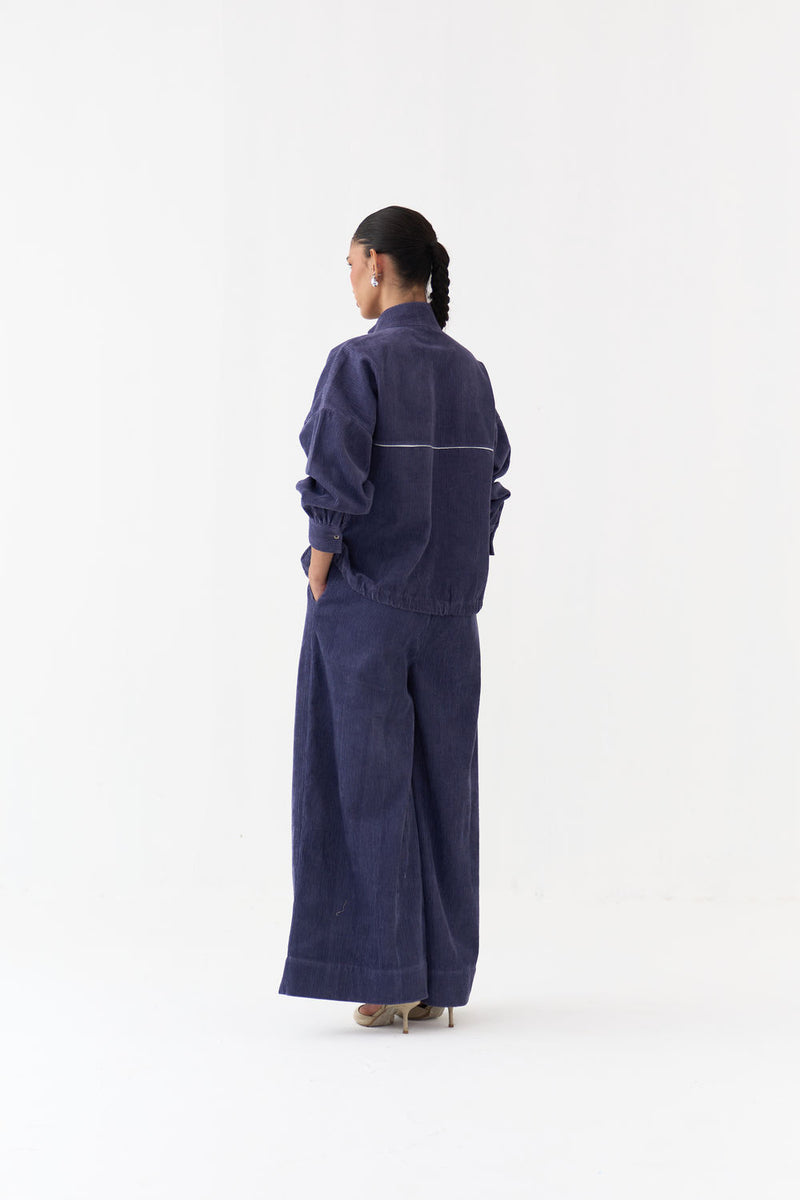 Emb. Corduroy Drawstring Top Co-Ord (Set Of 2)-Violet corduroy co-ord set by THREE in violet for women Worldwide