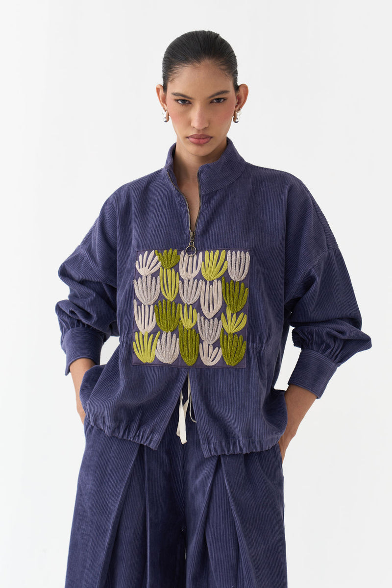 Emb. Corduroy Drawstring Top Co-Ord (Set Of 2)-Violet corduroy co-ord set by THREE in violet for women Worldwide