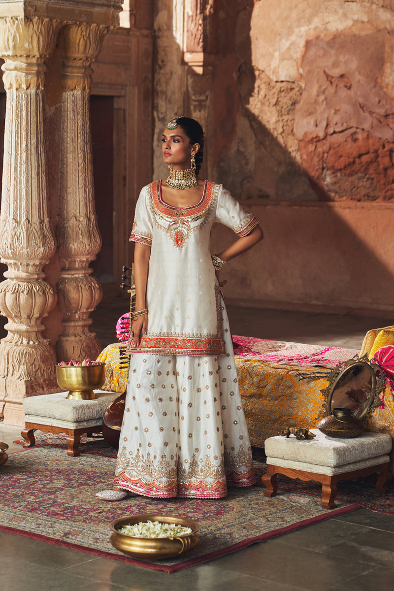SAMREEN - DAISY IVORY SHORT KURTA WITH SHARARA AND DUPATTA silk chanderi kurta/kurta set by SHEETAL BATRA in ivory for women Worldwide