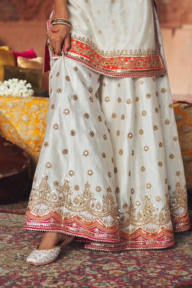 SAMREEN - DAISY IVORY SHORT KURTA WITH SHARARA AND DUPATTA silk chanderi kurta/kurta set by SHEETAL BATRA in ivory for women Worldwide